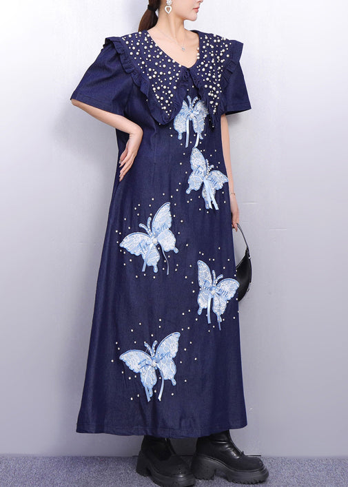 Art Navy Peter Pan Collar Butterfly Nail Bead Denim Dress Summer