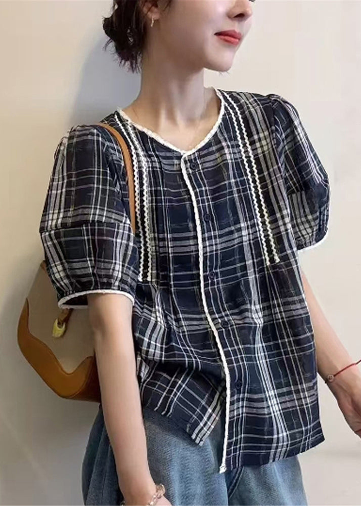 Art Navy Plaid Button Cotton Shirt Summer