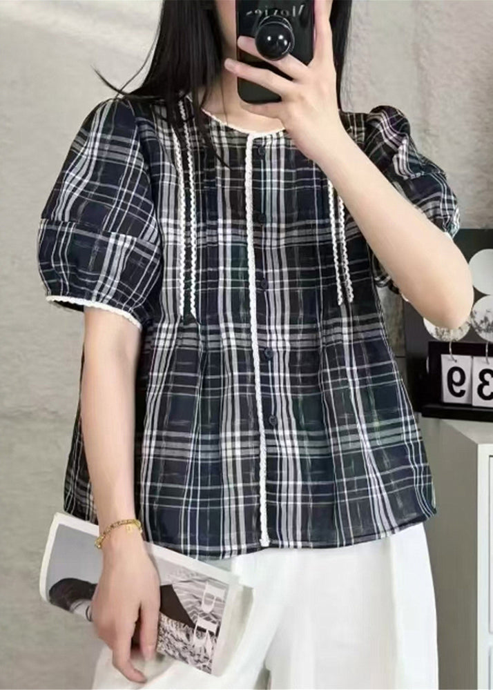 Art Navy Plaid Button Cotton Shirt Summer