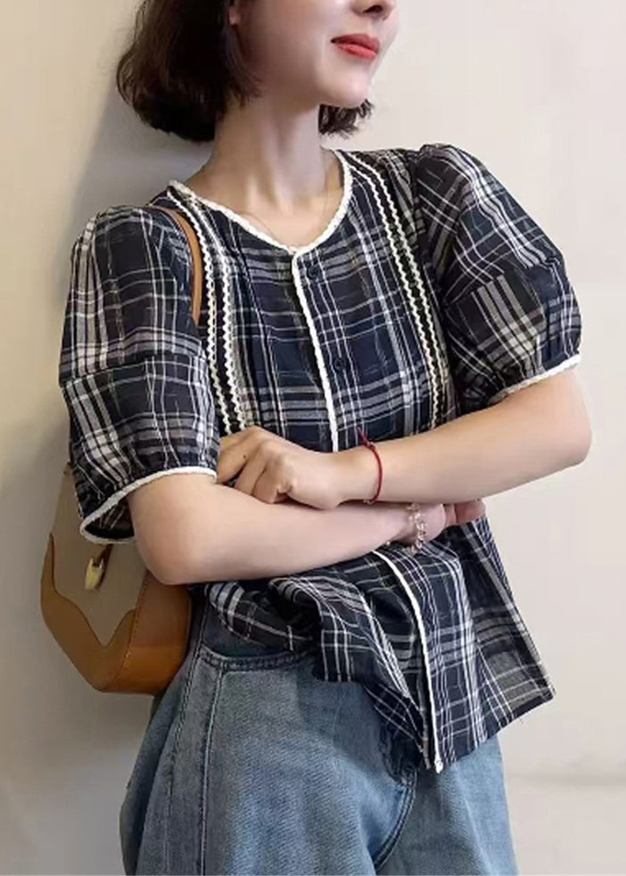 Art Navy Plaid Button Cotton Shirt Summer