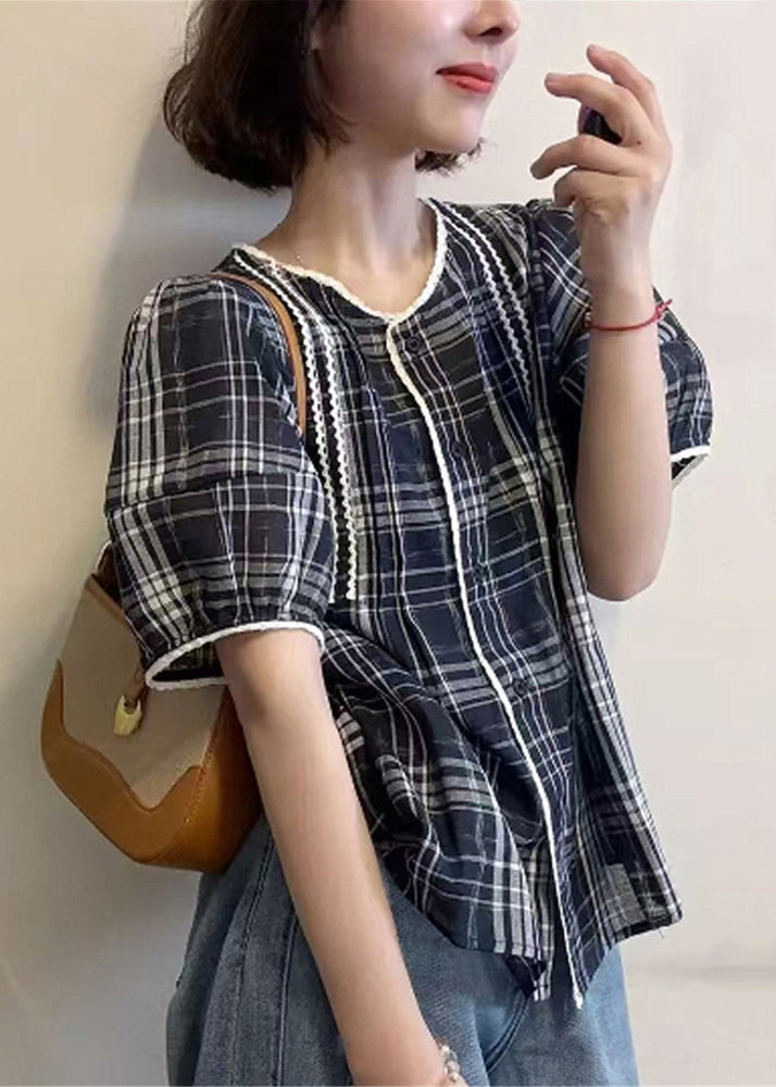 Art Navy Plaid Button Cotton Shirt Summer