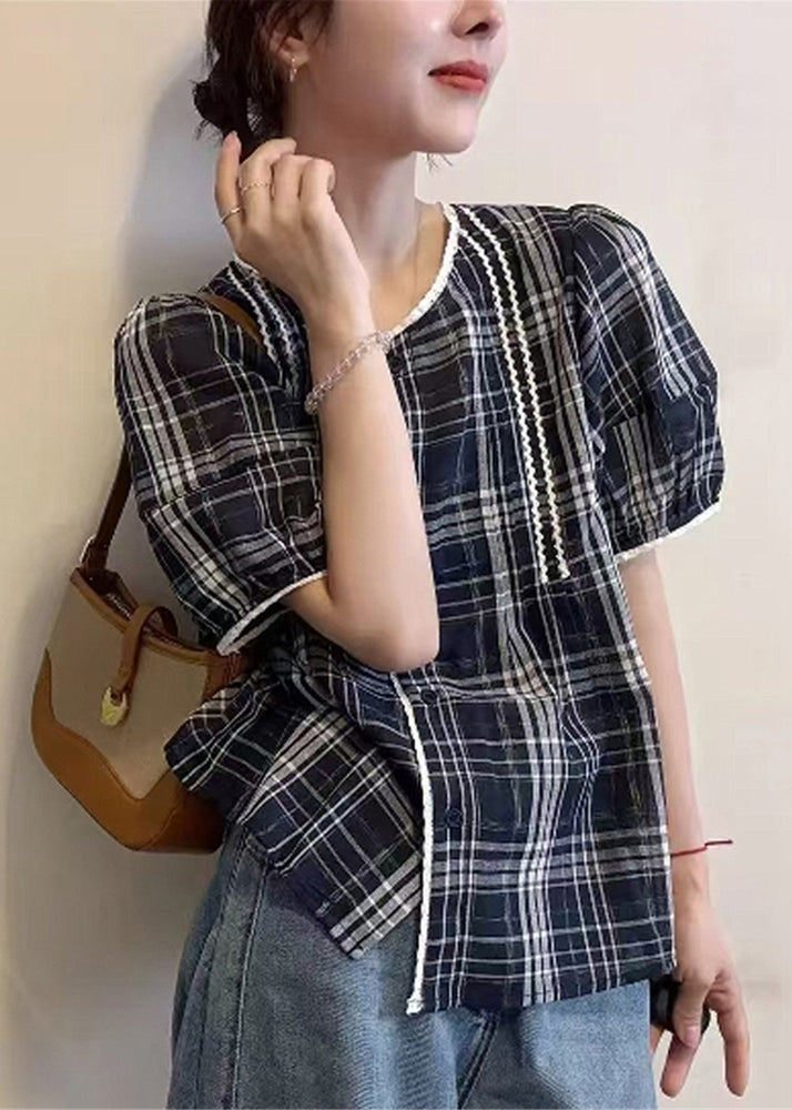 Art Navy Plaid Button Cotton Shirt Summer