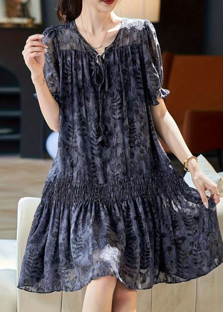 Art Navy Print Chiffon Day Dress Summer