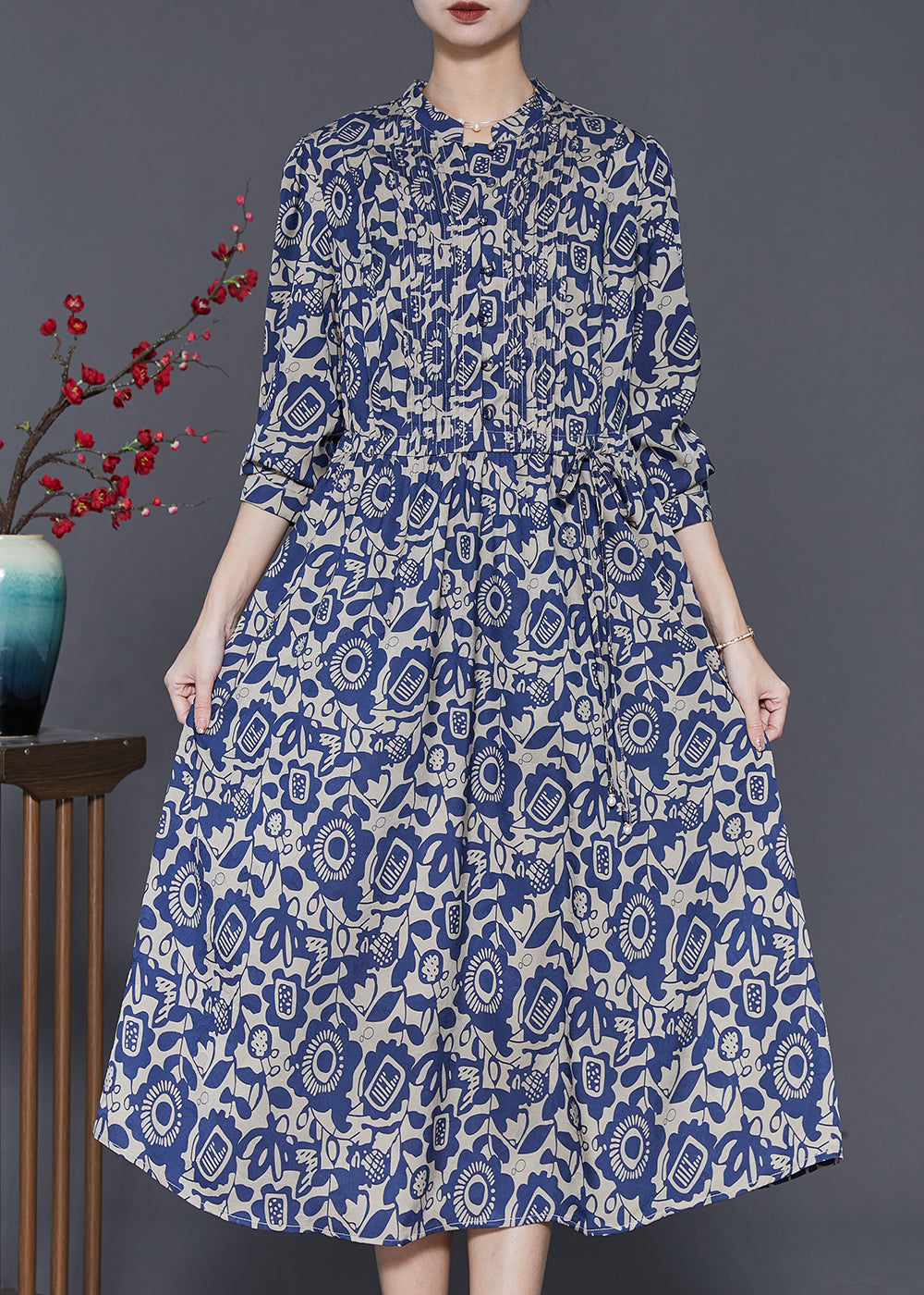 Art Navy Print Wrinkled Silk Shirt Dress Spring