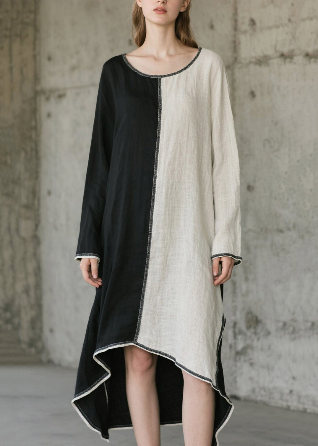 Art O-Neck Asymmetrical Patchwork Cotton Maxi Dresses Spring