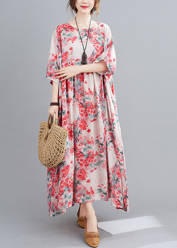 Art O-Neck Pink Print Wrinkled Linen Long Dresses Three Quarter Sleeve