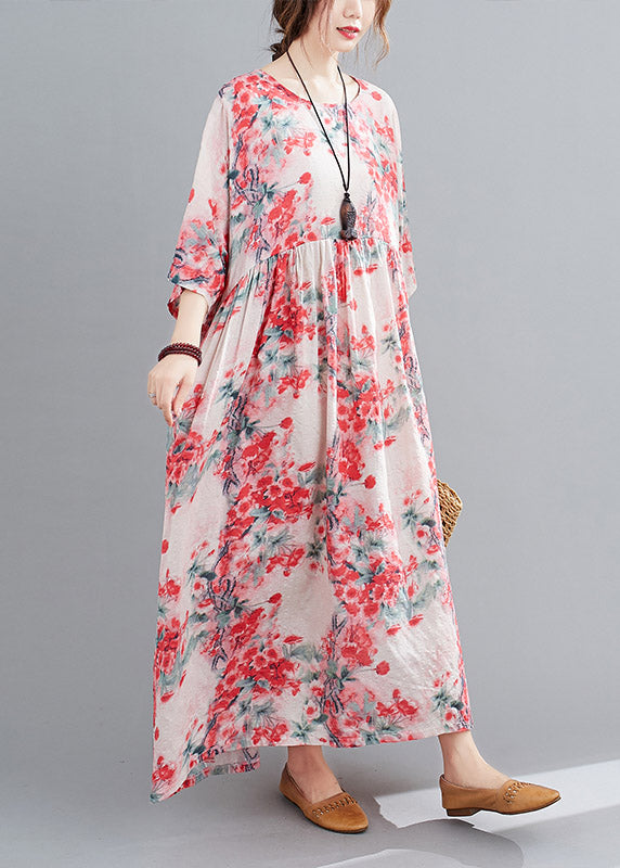 Art O-Neck Pink Print Wrinkled Linen Long Dresses Three Quarter Sleeve