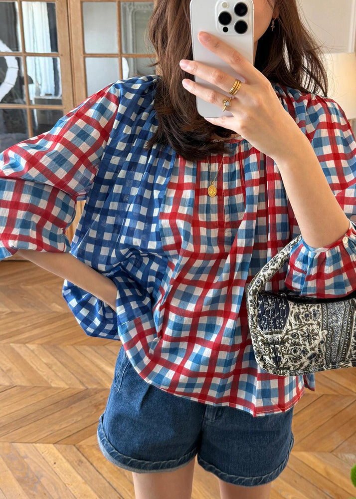 Art O Neck Plaid Patchwork Cotton Blouses Fall