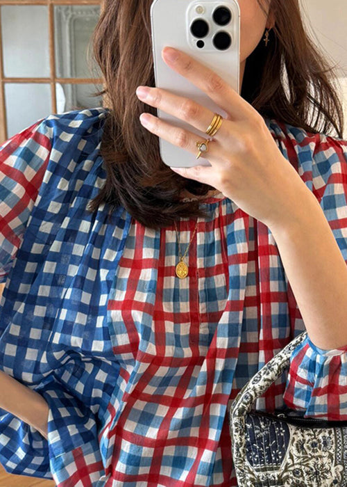 Art O Neck Plaid Patchwork Cotton Blouses Fall