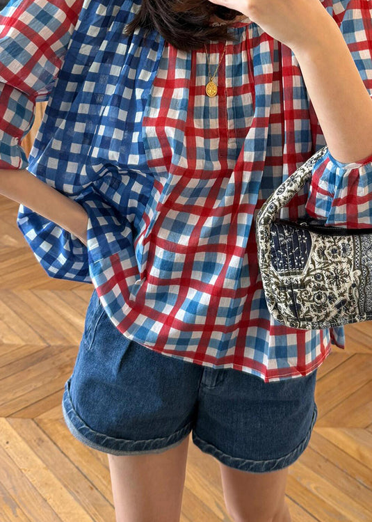 Art O Neck Plaid Patchwork Cotton Blouses Fall