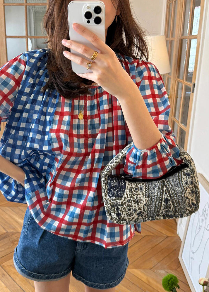 Art O Neck Plaid Patchwork Cotton Blouses Fall