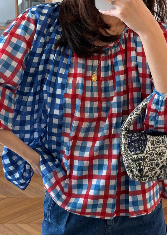 Art O Neck Plaid Patchwork Cotton Blouses Fall