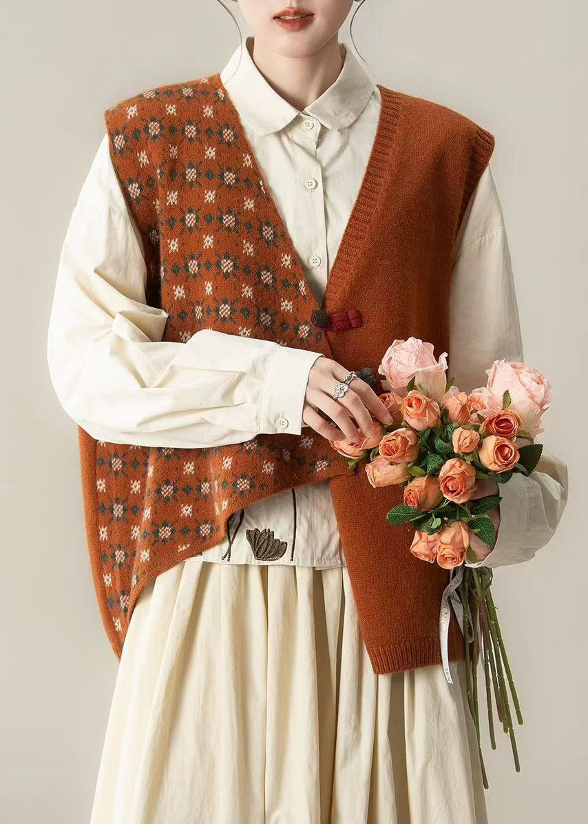 Art Orange Asymmetrical Print Knit Tops Winter