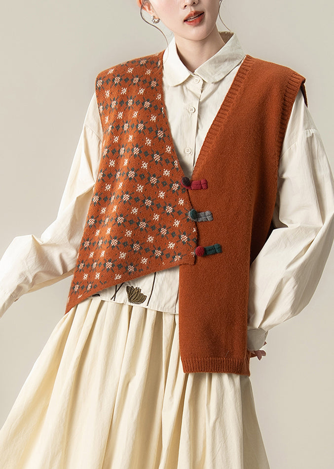 Art Orange Asymmetrical Print Knit Tops Winter