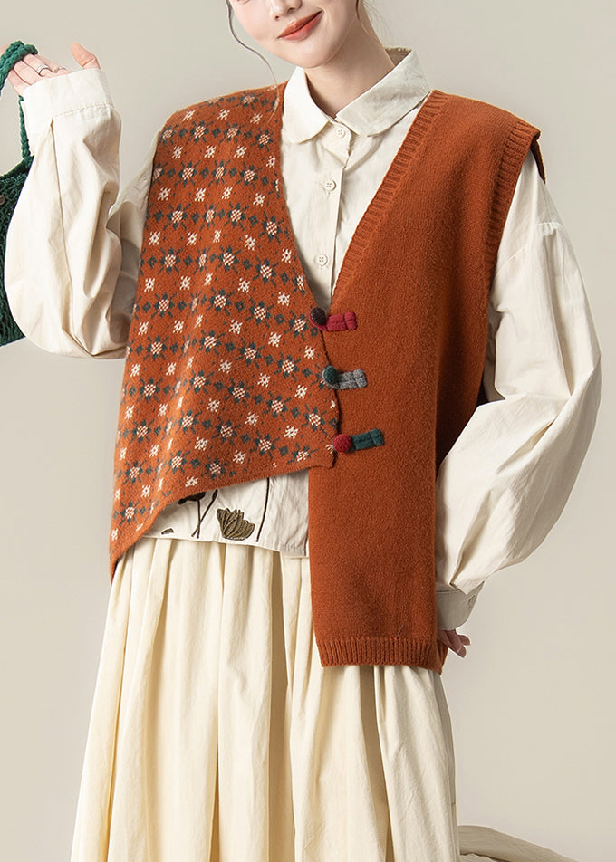 Art Orange Asymmetrical Print Knit Tops Winter