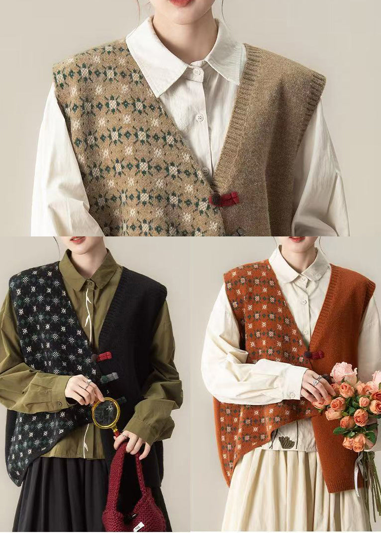 Art Orange Asymmetrical Print Knit Tops Winter