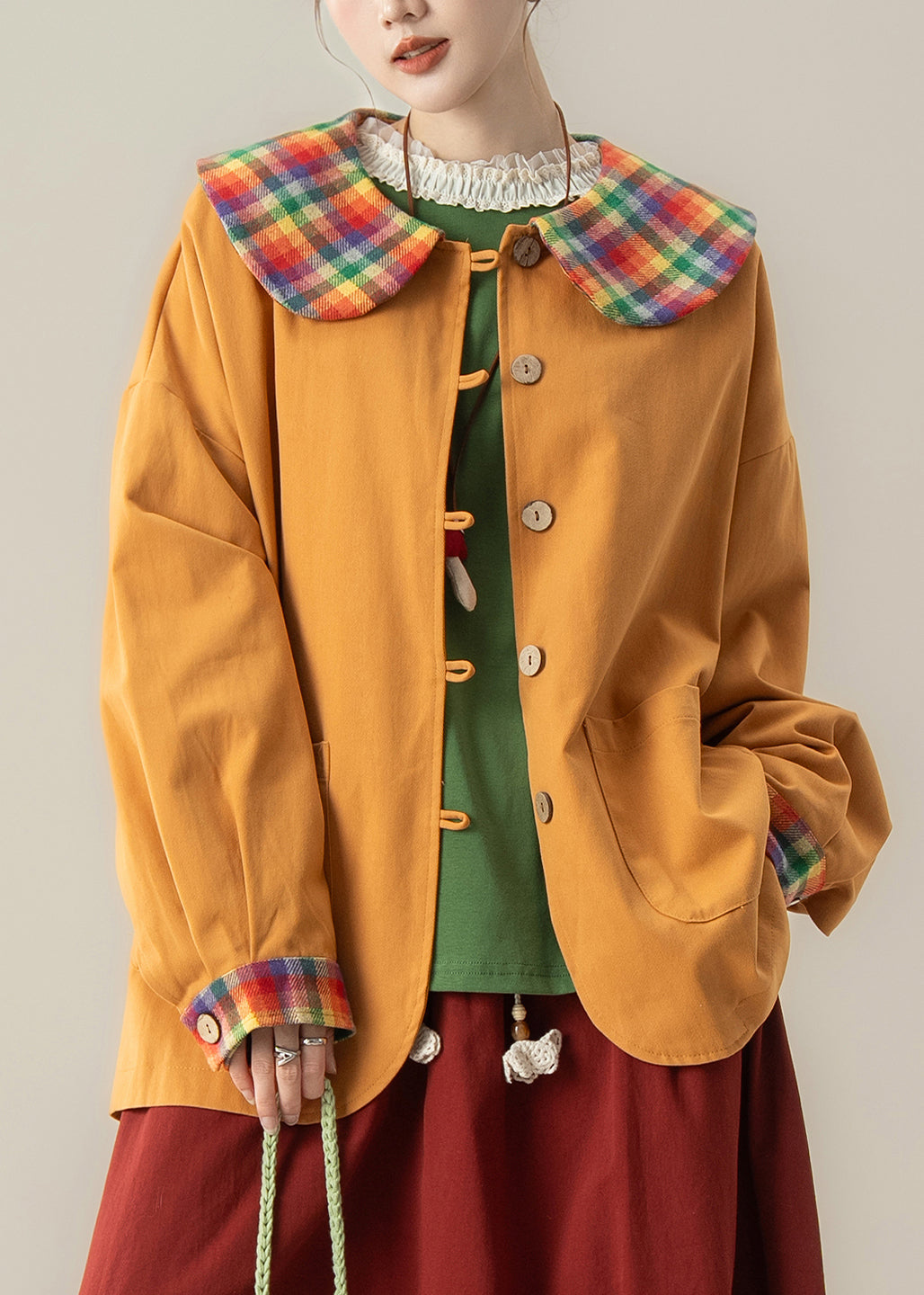 Art Orange Peter Pan Collar Patchwork Cotton Coat Spring