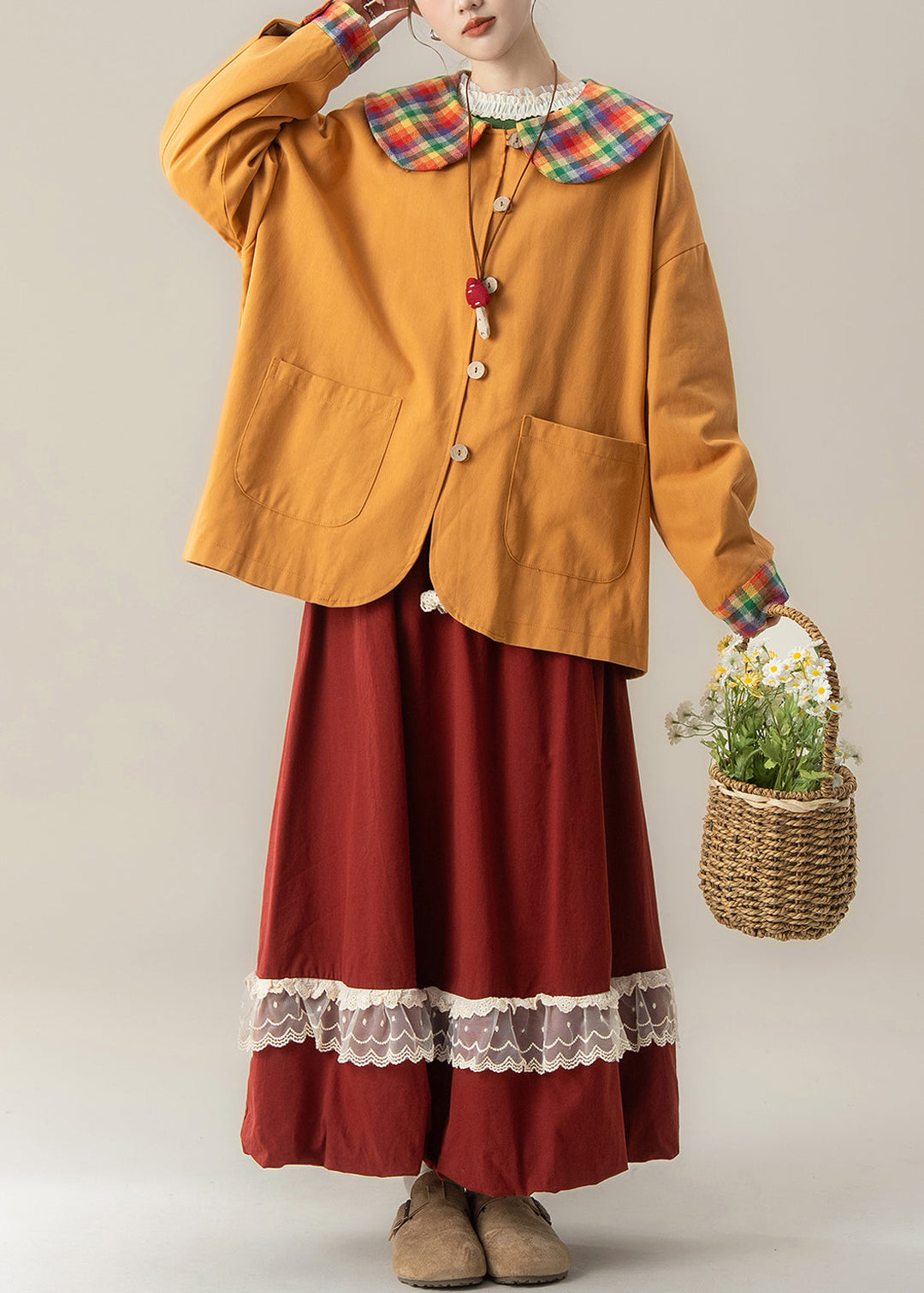 Art Orange Peter Pan Collar Patchwork Cotton Coat Spring