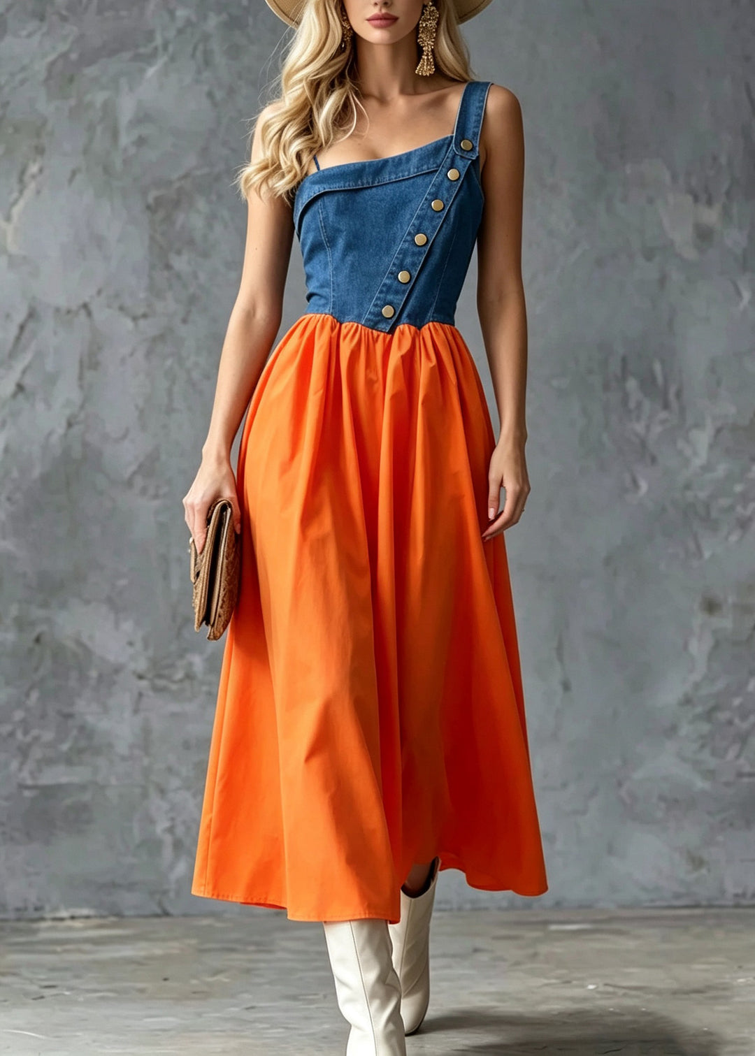 Art Orange Wrinkled Patchwork Long Spaghetti Strap Dress Summer