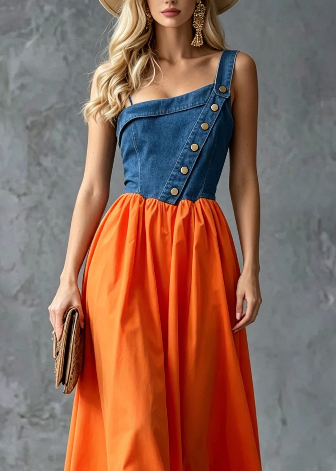 Art Orange Wrinkled Patchwork Long Spaghetti Strap Dress Summer