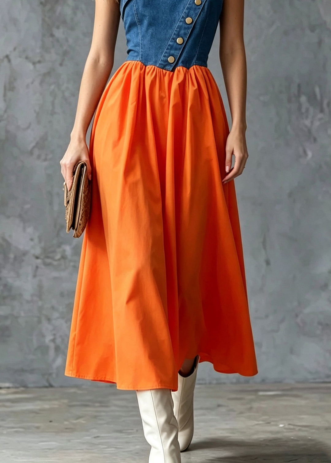 Art Orange Wrinkled Patchwork Long Spaghetti Strap Dress Summer