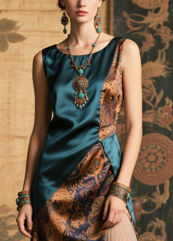 Art Peacock Blue Asymmetrical Patchwork Silk Pleated Dresses Sleeveless