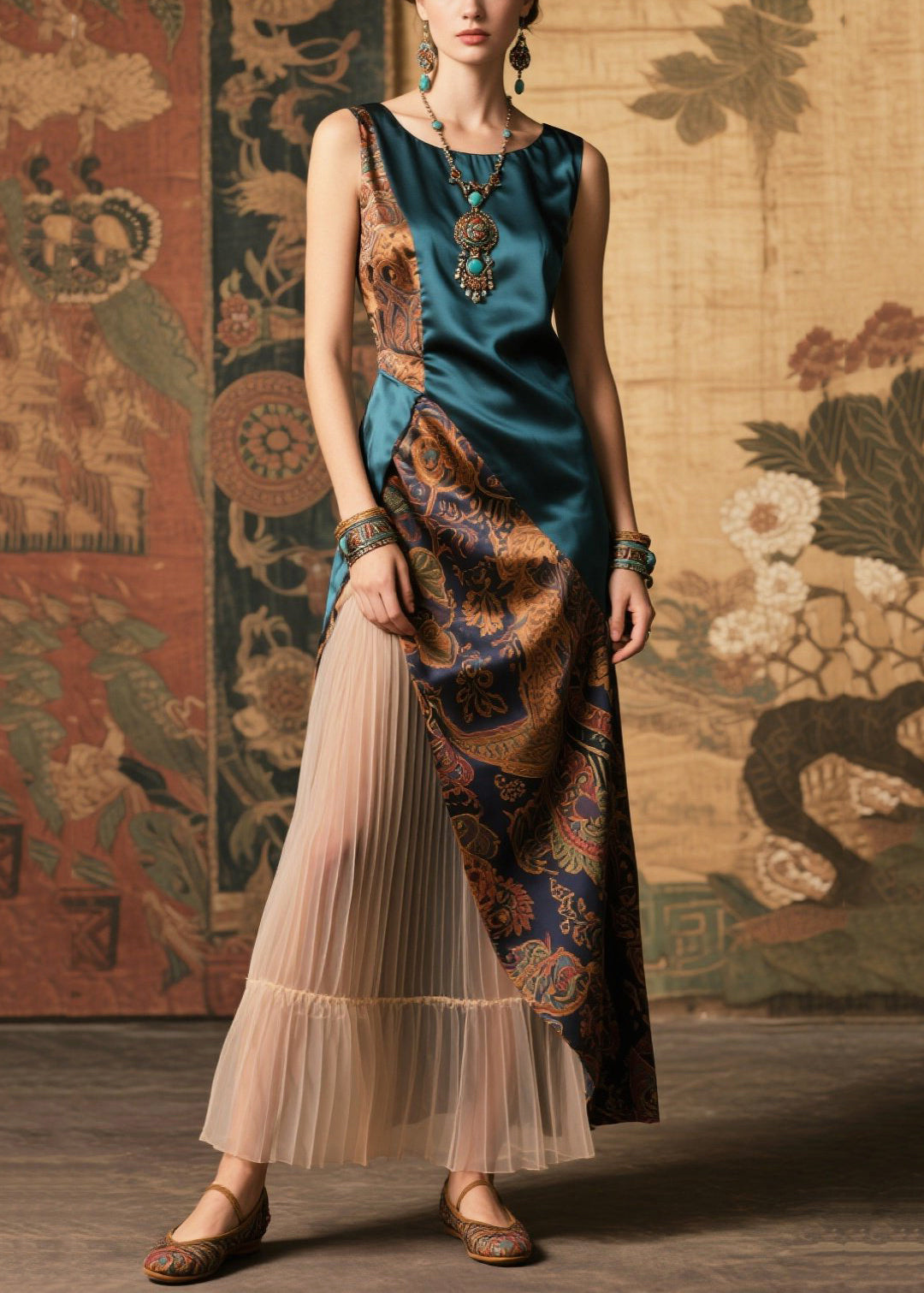 Art Peacock Blue Asymmetrical Patchwork Silk Pleated Dresses Sleeveless