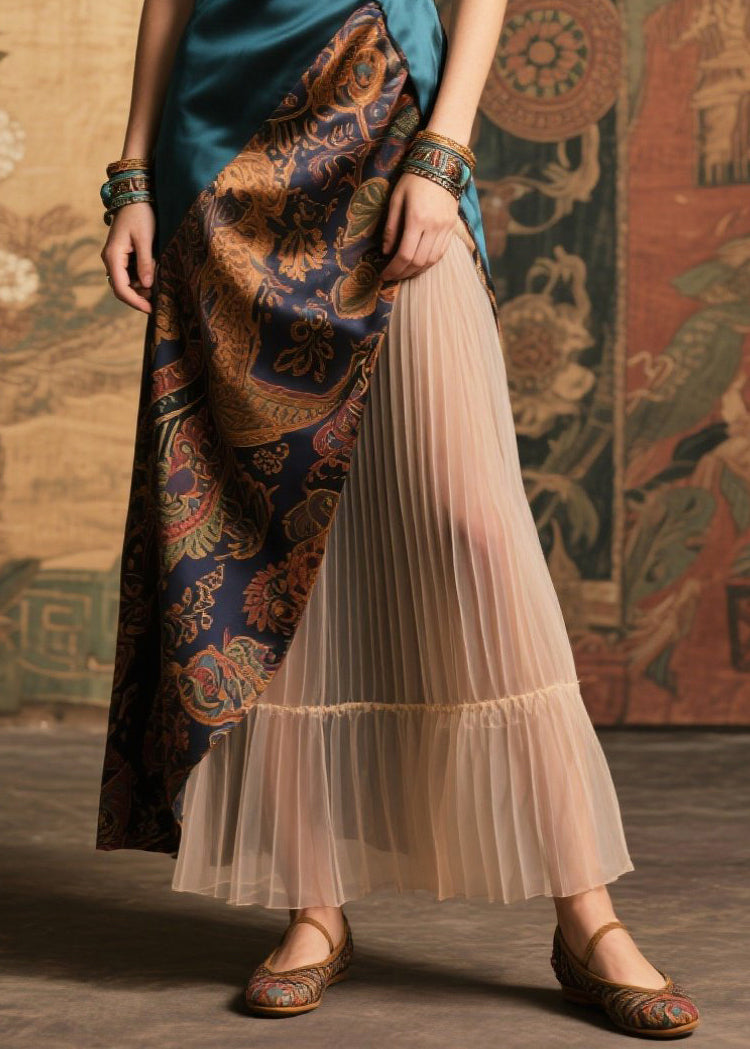 Art Peacock Blue Asymmetrical Patchwork Silk Pleated Dresses Sleeveless
