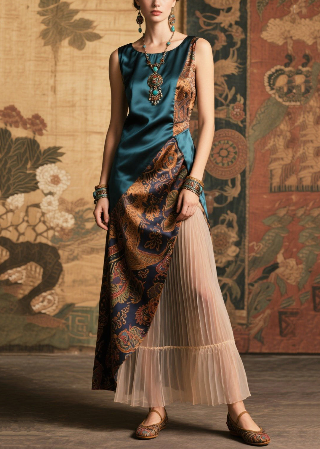 Art Peacock Blue Asymmetrical Patchwork Silk Pleated Dresses Sleeveless