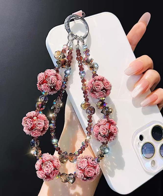 Art Pink Alloy Floral Crystal Beading Phone Chains