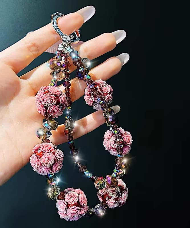 Art Pink Alloy Floral Crystal Beading Phone Chains