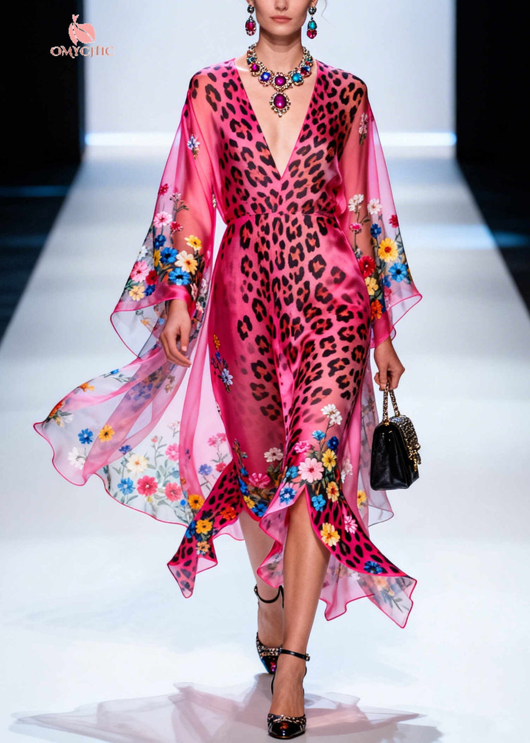 Art Pink Asymmetrical Print Chiffon Long Dresses Summer