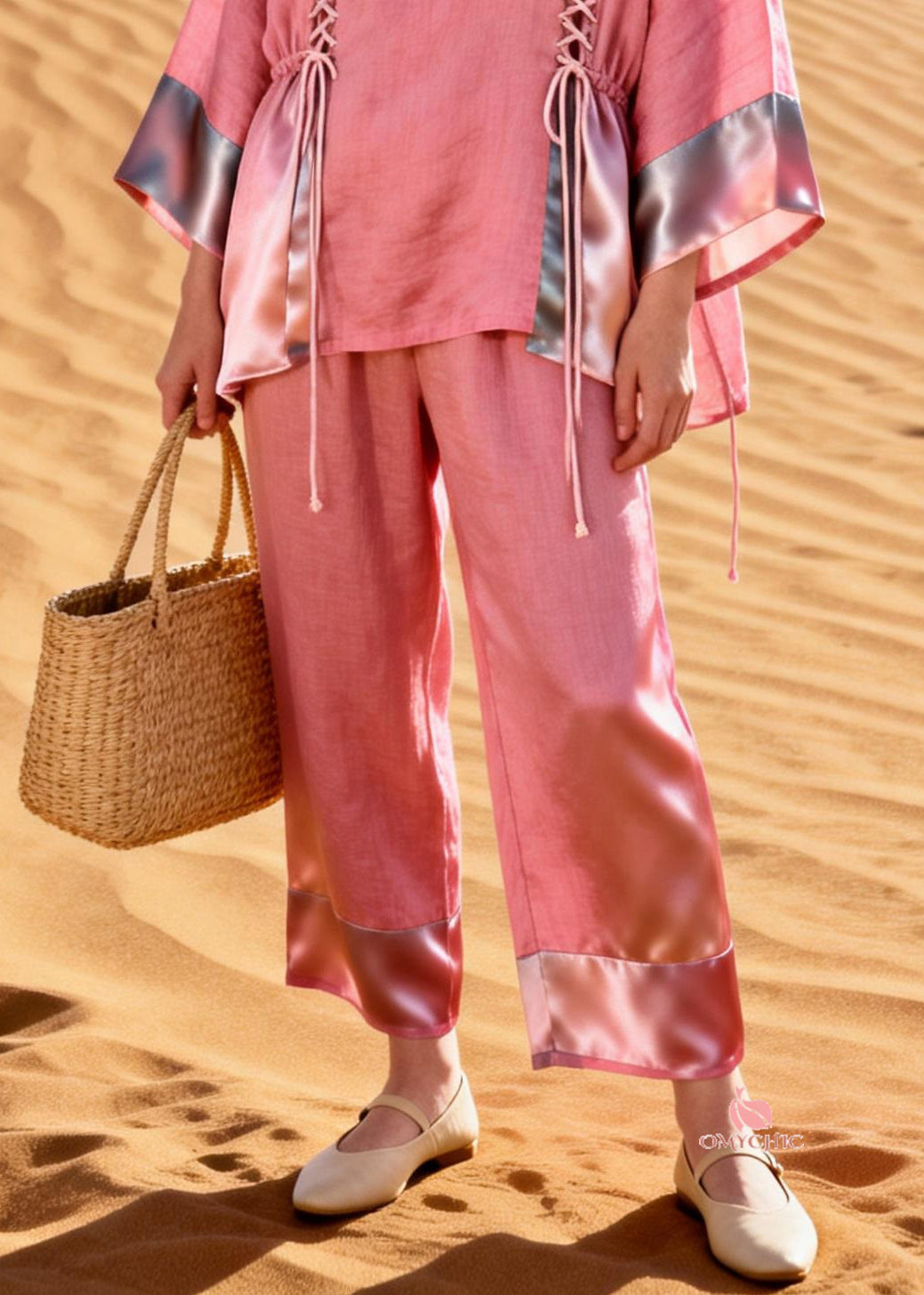 Art Pink Button Cinched Silk Patchwork Two Pieces Set Spring