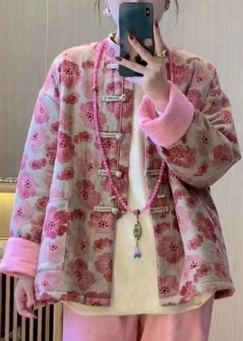 Art Pink Chinese Button Print Pockets Fine Cotton Coat Spring