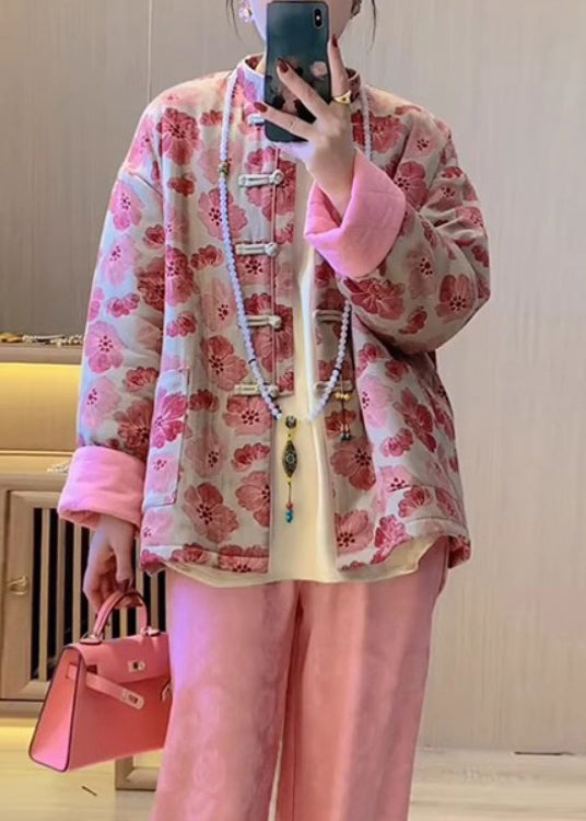 Art Pink Chinese Button Print Pockets Fine Cotton Coat Spring