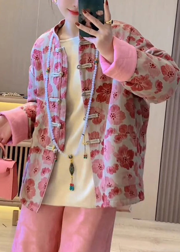 Art Pink Chinese Button Print Pockets Fine Cotton Coat Spring