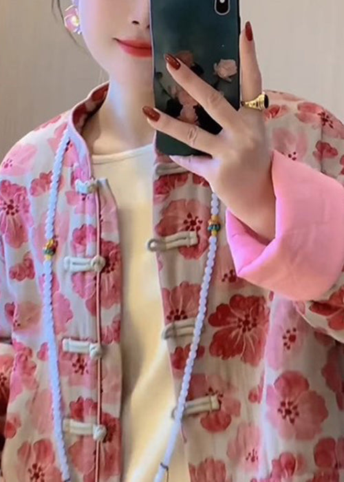Art Pink Chinese Button Print Pockets Fine Cotton Coat Spring