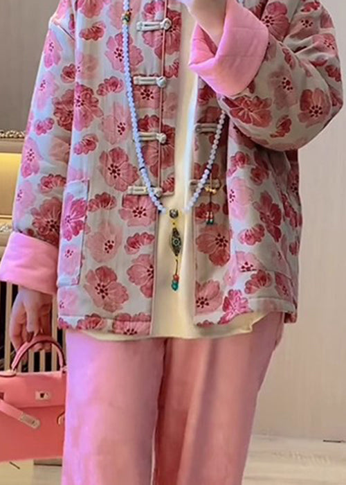 Art Pink Chinese Button Print Pockets Fine Cotton Coat Spring