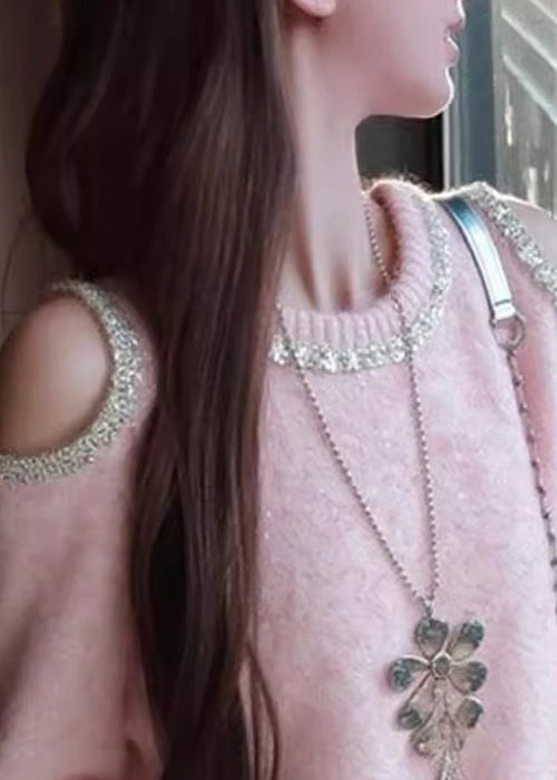 Art Pink Cold Shoulder Sequins Patchwork Knit Sweater Winter
