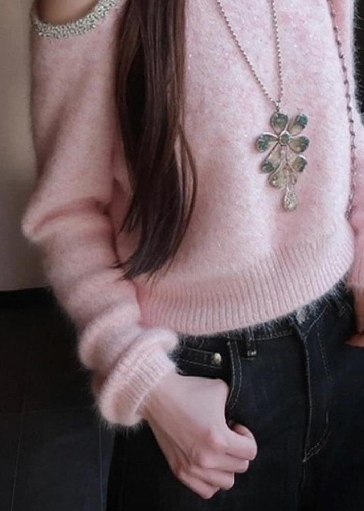 Art Pink Cold Shoulder Sequins Patchwork Knit Sweater Winter