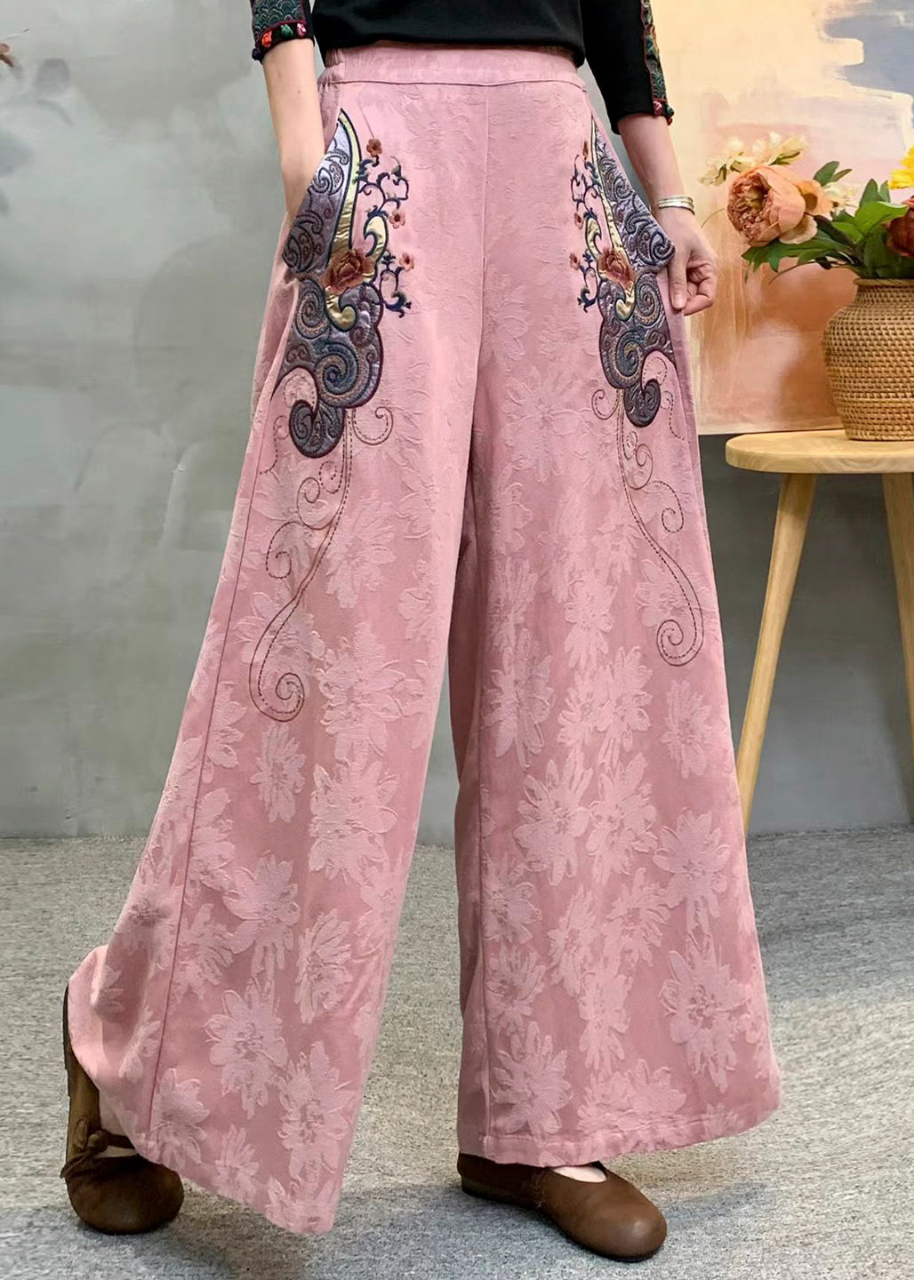 Art Pink Embroidered Jacquard Cotton Straight Pants Spring