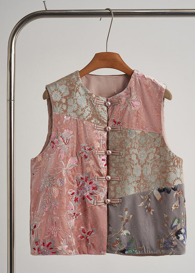 Art Pink Embroidered Nail Bead Silk Velour Oriental Vests Fall
