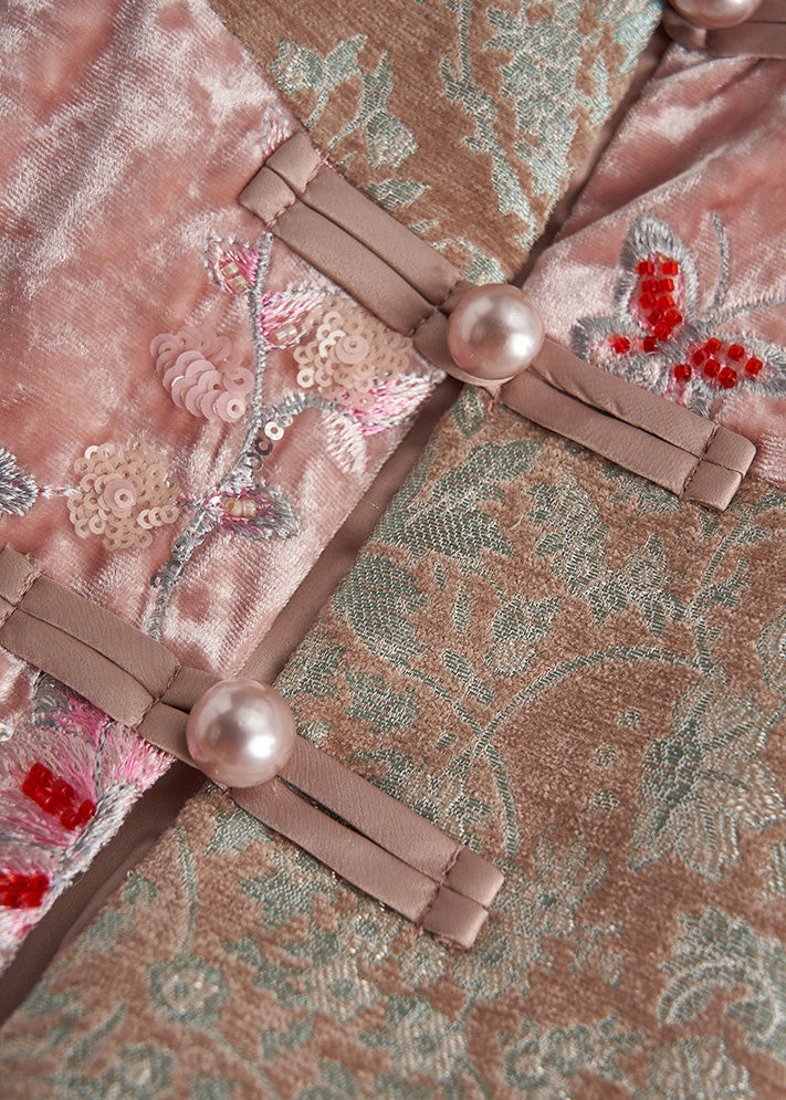 Art Pink Embroidered Nail Bead Silk Velour Oriental Vests Fall
