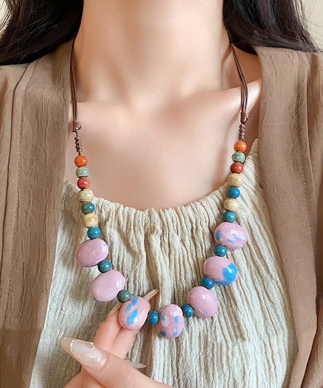 Art Pink Handmade Weaving Beading Ceramic Gratuated Bead Necklace