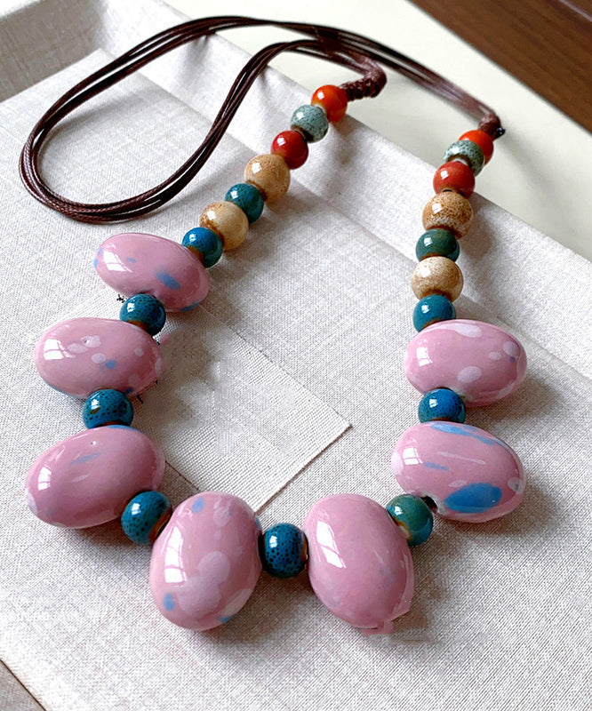 Art Pink Handmade Weaving Beading Ceramic Gratuated Bead Necklace