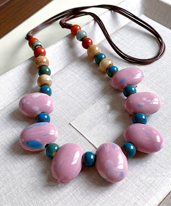 Art Pink Handmade Weaving Beading Ceramic Gratuated Bead Necklace