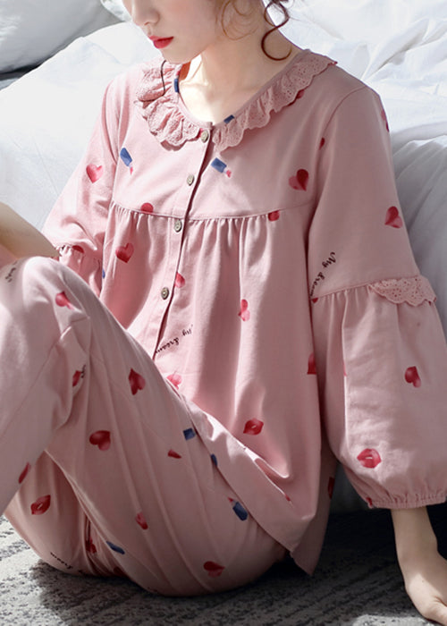 Art Pink Lace Print Button Cotton Pajamas Two Pieces Set Fall
