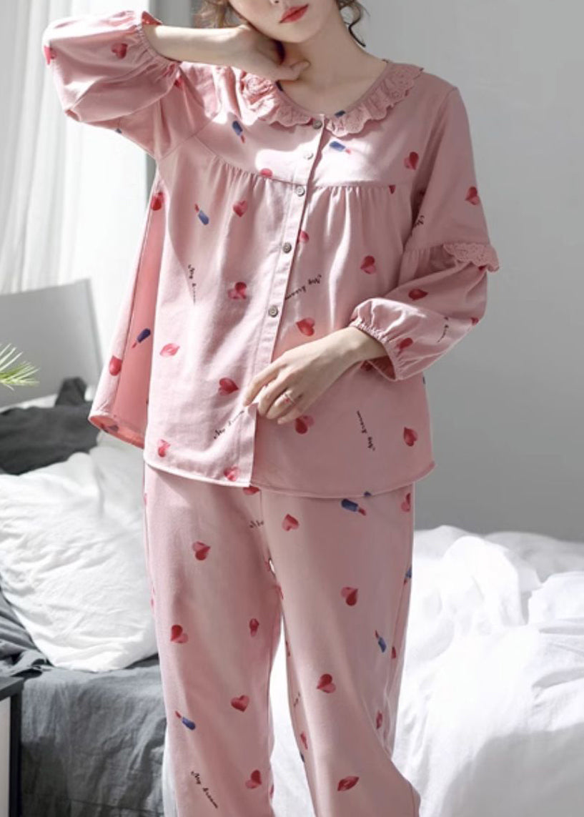 Art Pink Lace Print Button Cotton Pajamas Two Pieces Set Fall