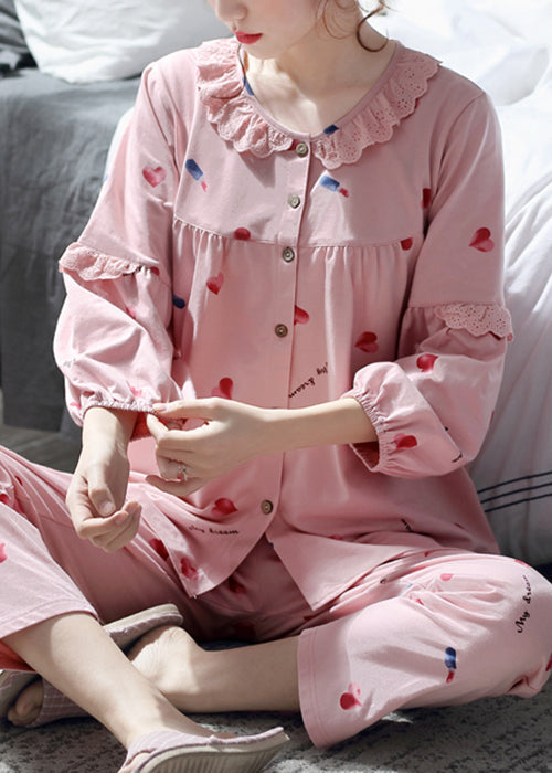 Art Pink Lace Print Button Cotton Pajamas Two Pieces Set Fall