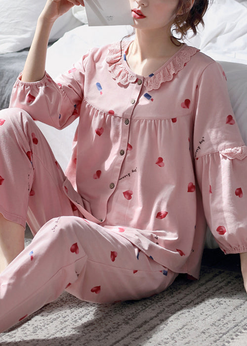 Art Pink Lace Print Button Cotton Pajamas Two Pieces Set Fall
